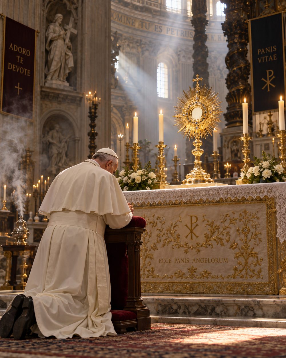 A pope kneels in adoration before a monstrance holding the consecrated Host, flanked by banners reading Adoro Te Devote and Panis Vitae